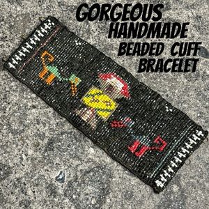 Gorgeous Vintage Beaded Bracelet-Velvet Backing-Wide Cuff Style-Hook Closure